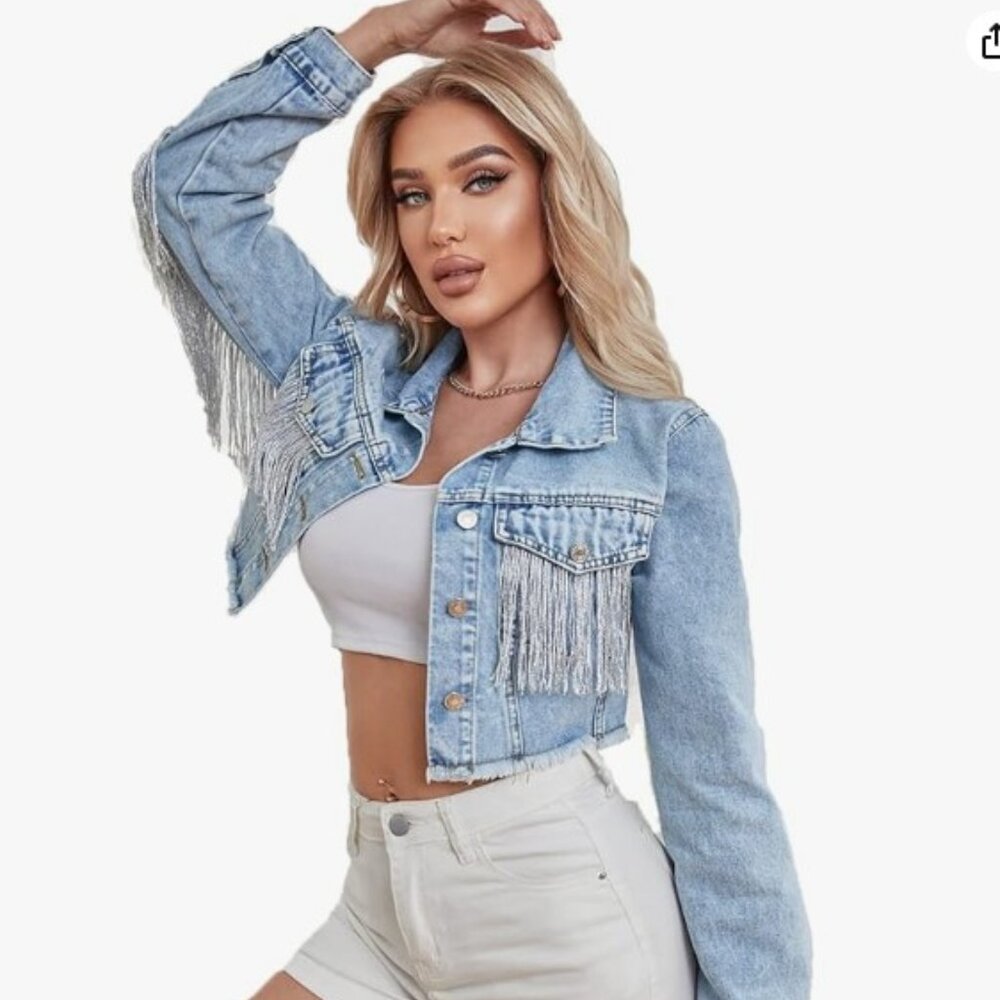 Women’s Crop Denim Jacket Tassel Casual Jean Coat With Fringe - size L